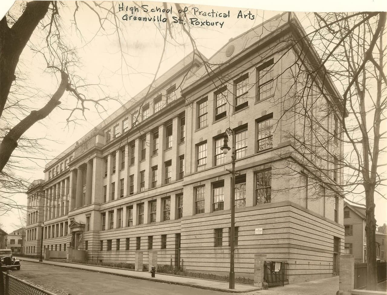 The exterior of the High School of Practical Arts in Roxbury, circa 1920-1960. (City of Boston Archives)