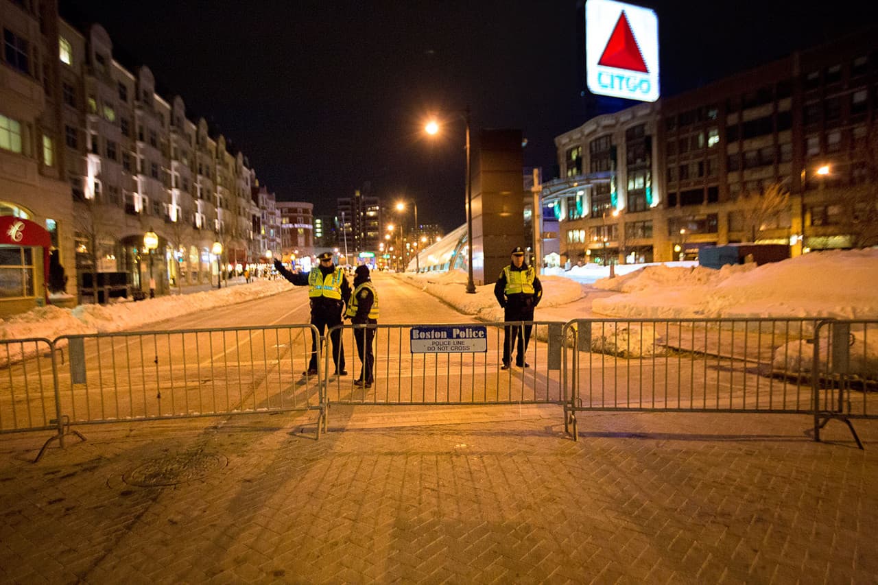 Police block access to Kenmore Square. (Jesse Costa/WBUR)