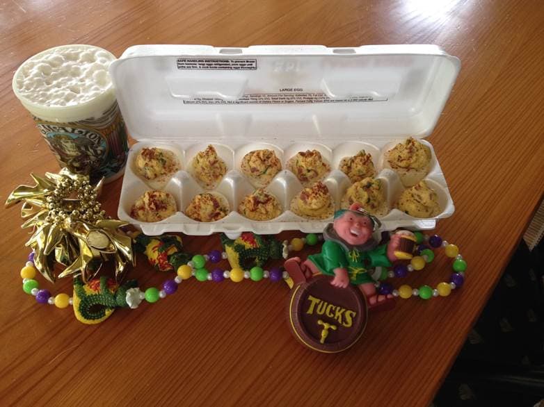 This is what Poppy Tooker calls the Mardi Gras breakfast of champions: deviled eggs and milk punch in a "go cup." (Poppy Tooker)