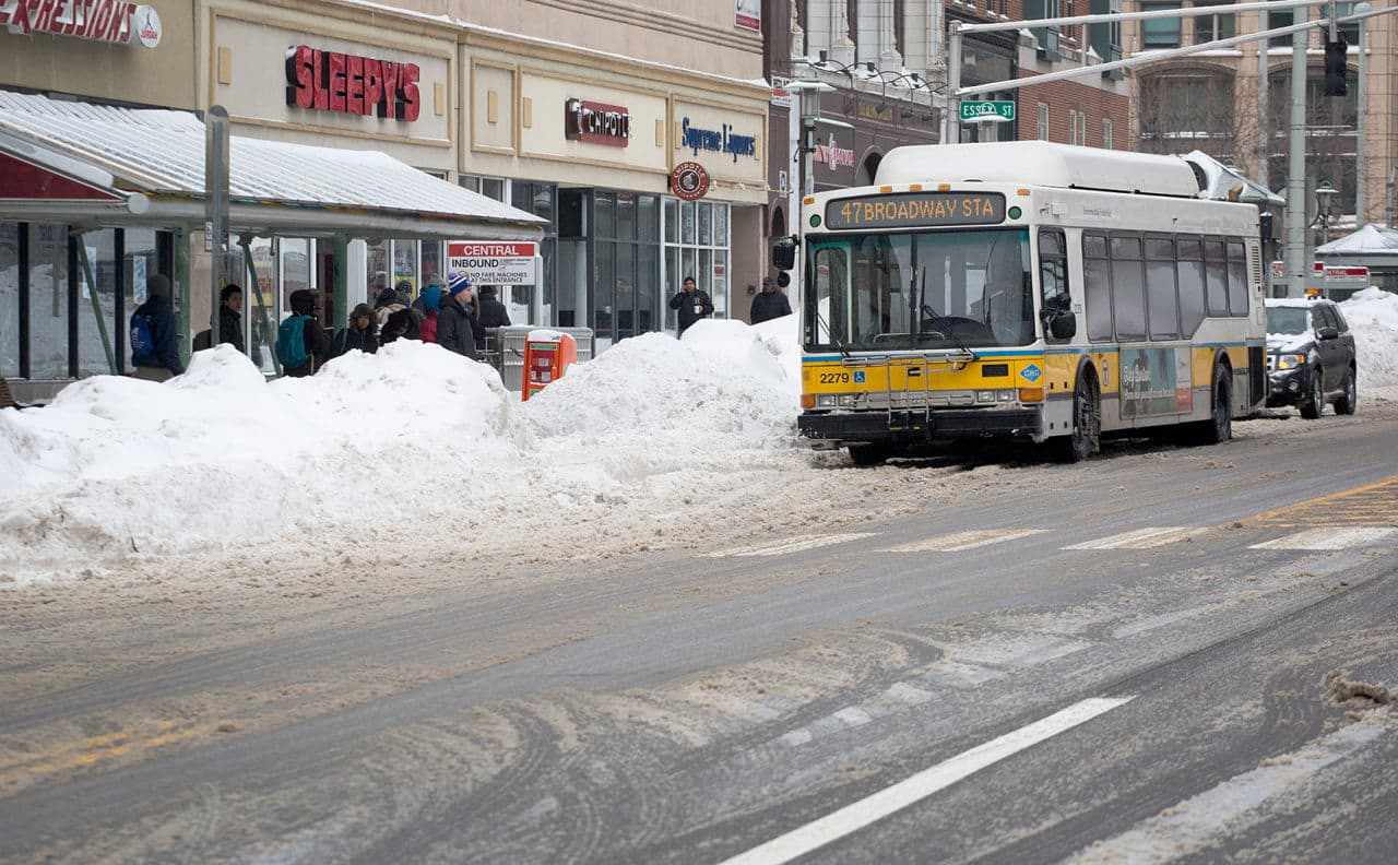 While MBTA rail service was suspended Tuesday, limited bus service was available. (Robin Lubbock/WBUR)