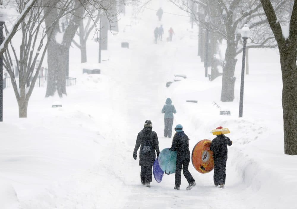 People carry their sleds at the Boston Common. (Steven Senne/AP)