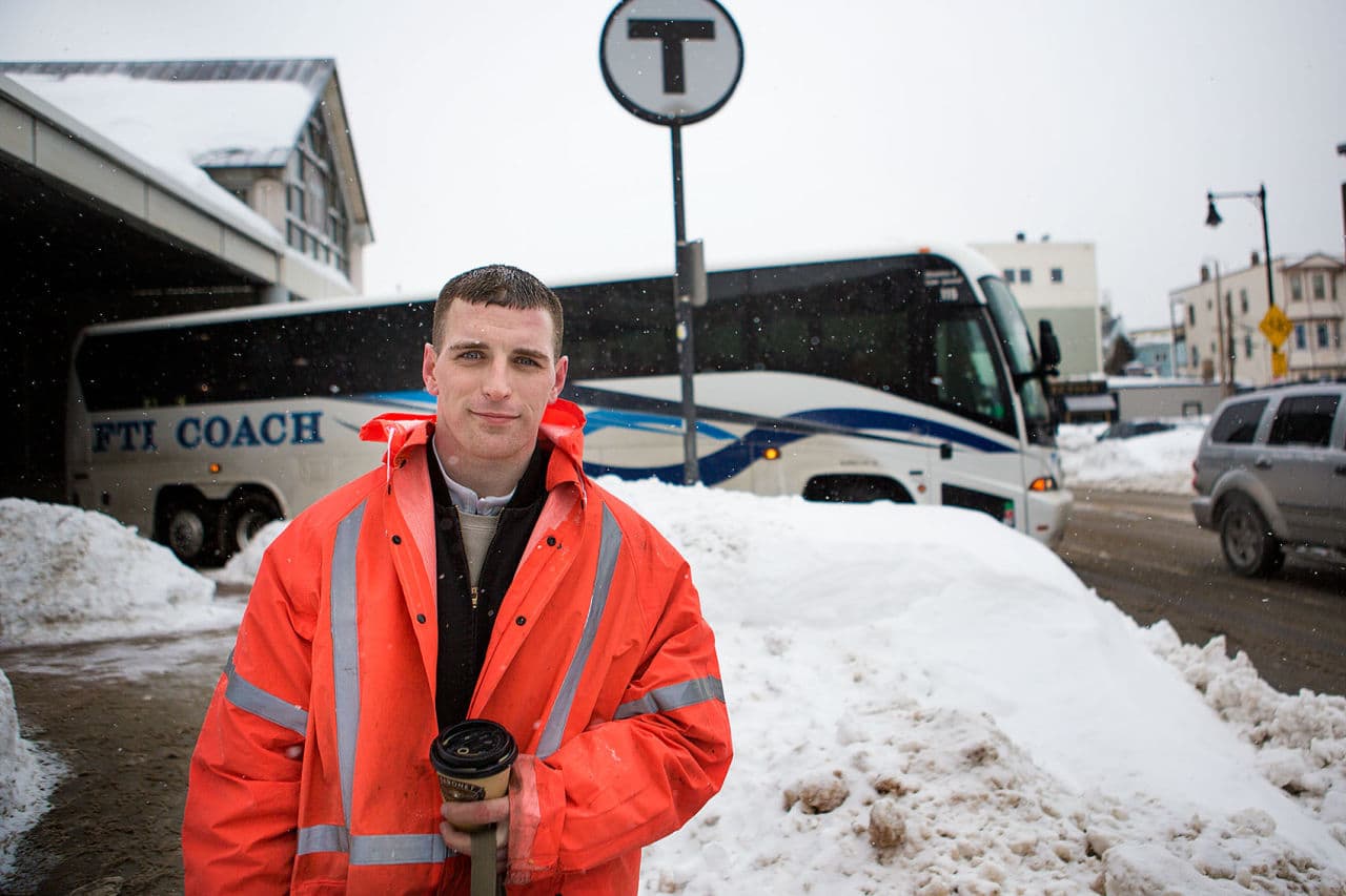 Larry Regan, a mechanical technician for the commuter rail, just finished a graveyard shift removing ice from commuter line trains. (Jesse Costa/WBUR)
