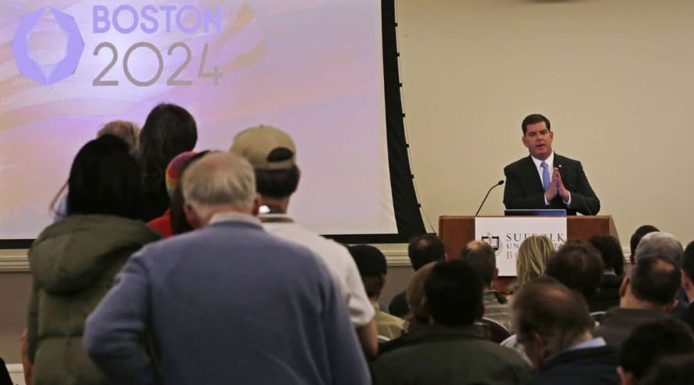 Boston Mayor Marty Walsh addresses the first public forum regarding the Boston 2024 Olympics bid on Feb. 5 at Suffolk Law School. (Charles Krupa/AP)