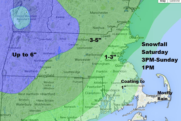 Expected snowfall totals from Saturday afternoon until Sunday early afternoon. (David Epstein/WBUR)