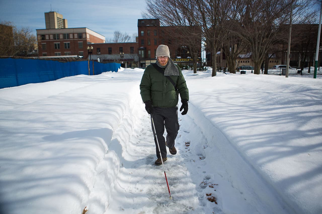 Kyle Robidoux walks down an icy path in Ramsay Park on his way home in Roxbury. (Jesse Costa/WBUR)