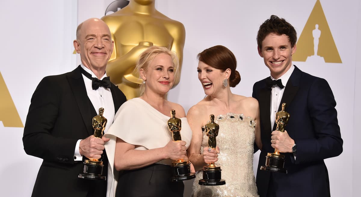 John Winters: Yes, the awards are out of step with the mainstream, but that’s good -- and beside the point. Pictured, from left: J.K. Simmons, winner of the award for best actor in a supporting role for “Whiplash,” Patricia Arquette, best actress in a supporting role for “Boyhood,” Julianne Moore, best actress in a leading role for “Still Alice," and Eddie Redmayne, best actor in a leading role for “The Theory of Everything,” pose in the press room at the Oscars on Sunday, Feb. 22, 2015, at the Dolby Theatre in Los Angeles. (Jordan Strauss/AP)