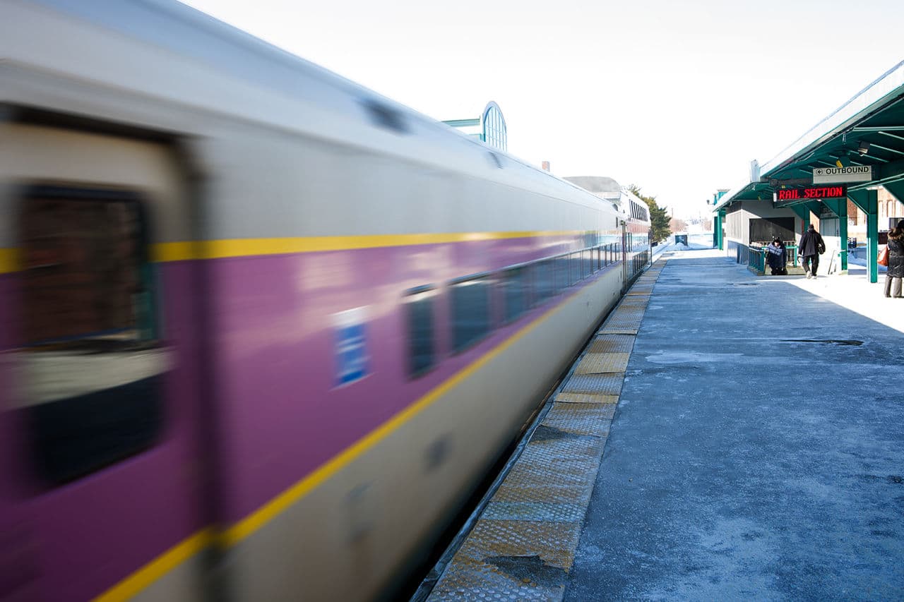 A northbound MBTA commuter rail train leaves Lynn station. (Jesse Costa/WBUR)