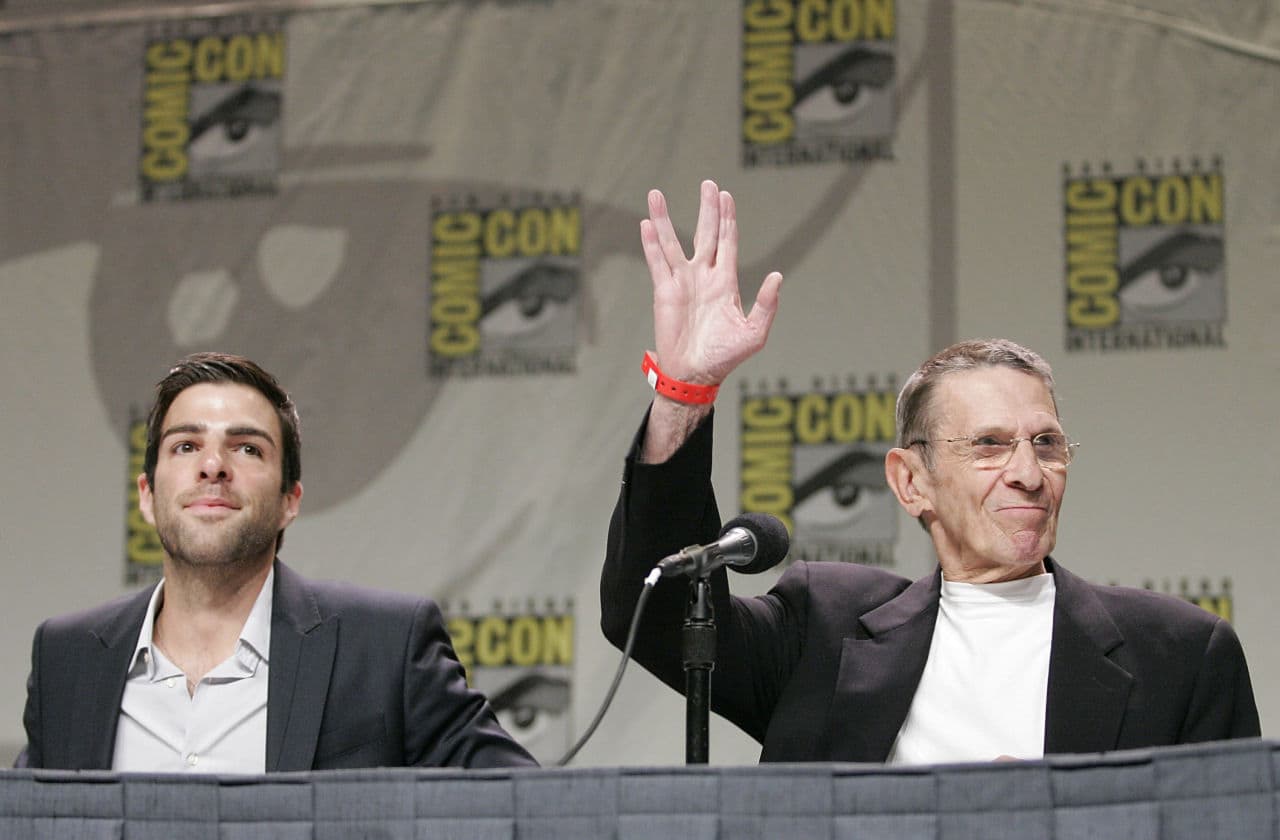 Actor Zachary Quinto, left, and actor Leonard Nimoy, right, at a Paramount Pictures panel discussion on the upcoming "Star Trek" feature film at Comic Con in San Diego in 2007. (Dan Steinberg/AP)