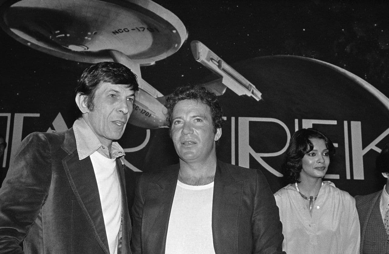 William Shatner and Leonard Nimoy at Paramount Studios in Los Angeles in 1978 after an announcement that the pair would star in the movie version of "Star Trek." (JLR/AP)