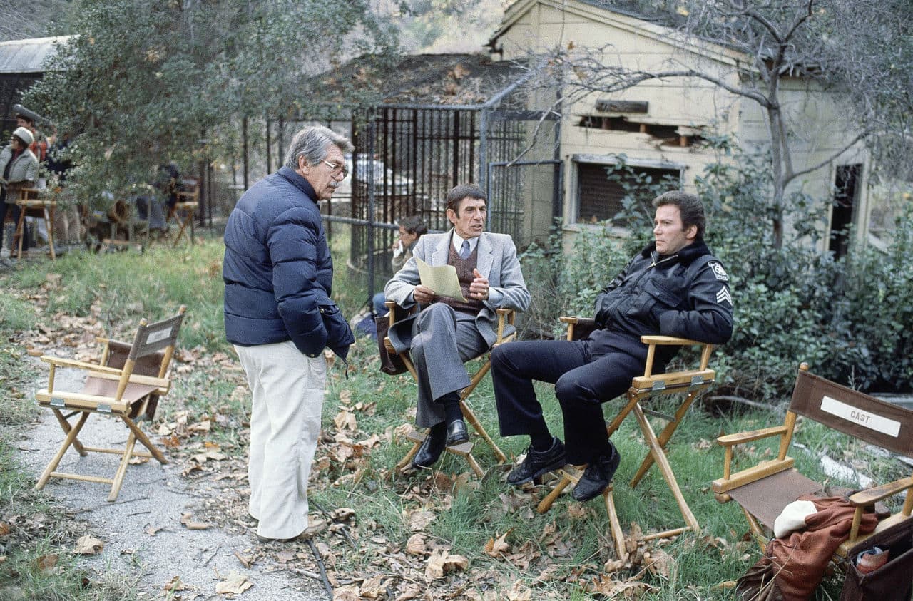 William Shatner, right, sits next to Leonard Nimoy during filming in the ABC series “T.J. Hooker” in 1982. (RED/AP)