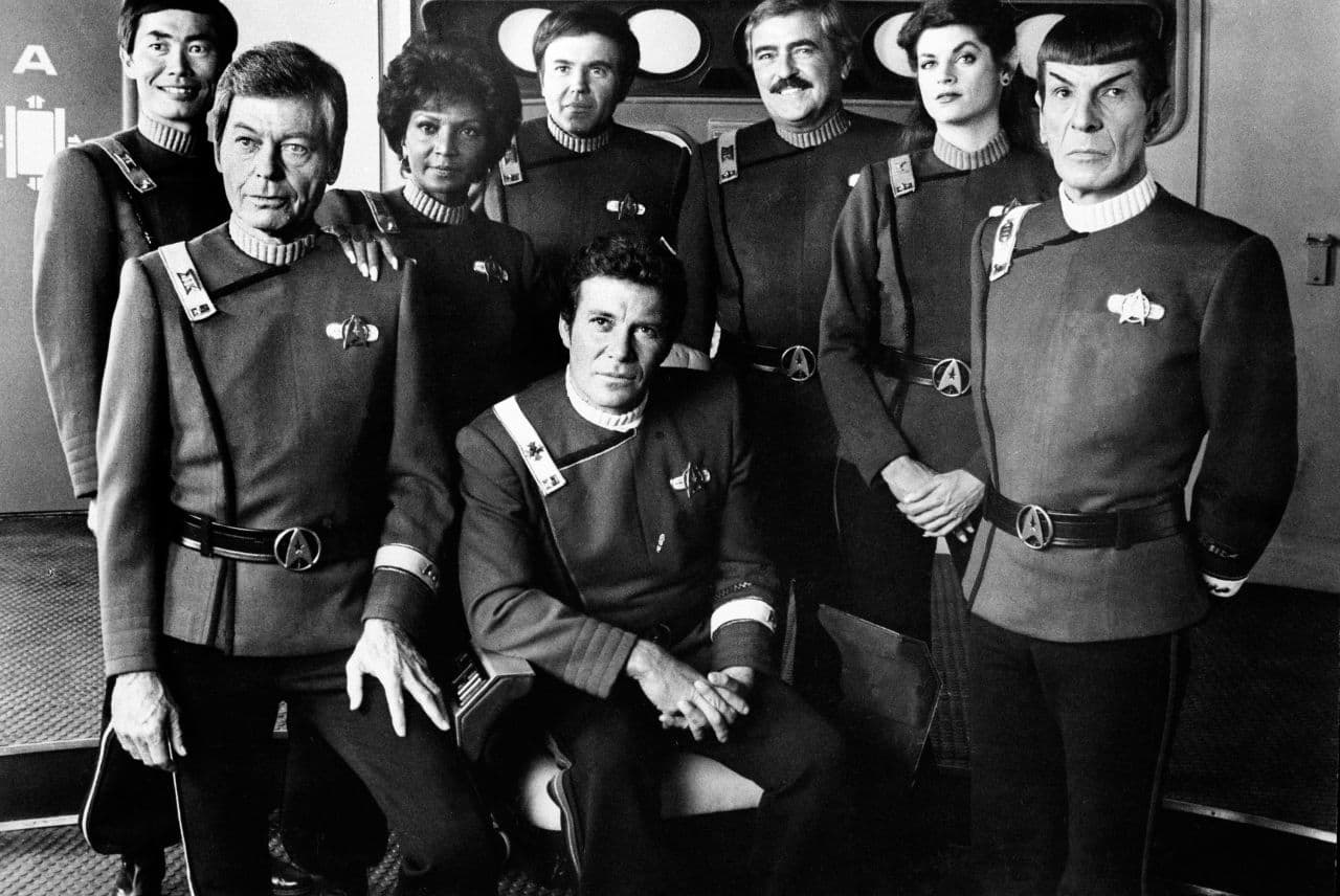 This 1982 file photo originally supplied by Paramount Pictures shows members cast of the film "Star Trek:The Wrath of Khan." (Paramount Pictures/AP)
