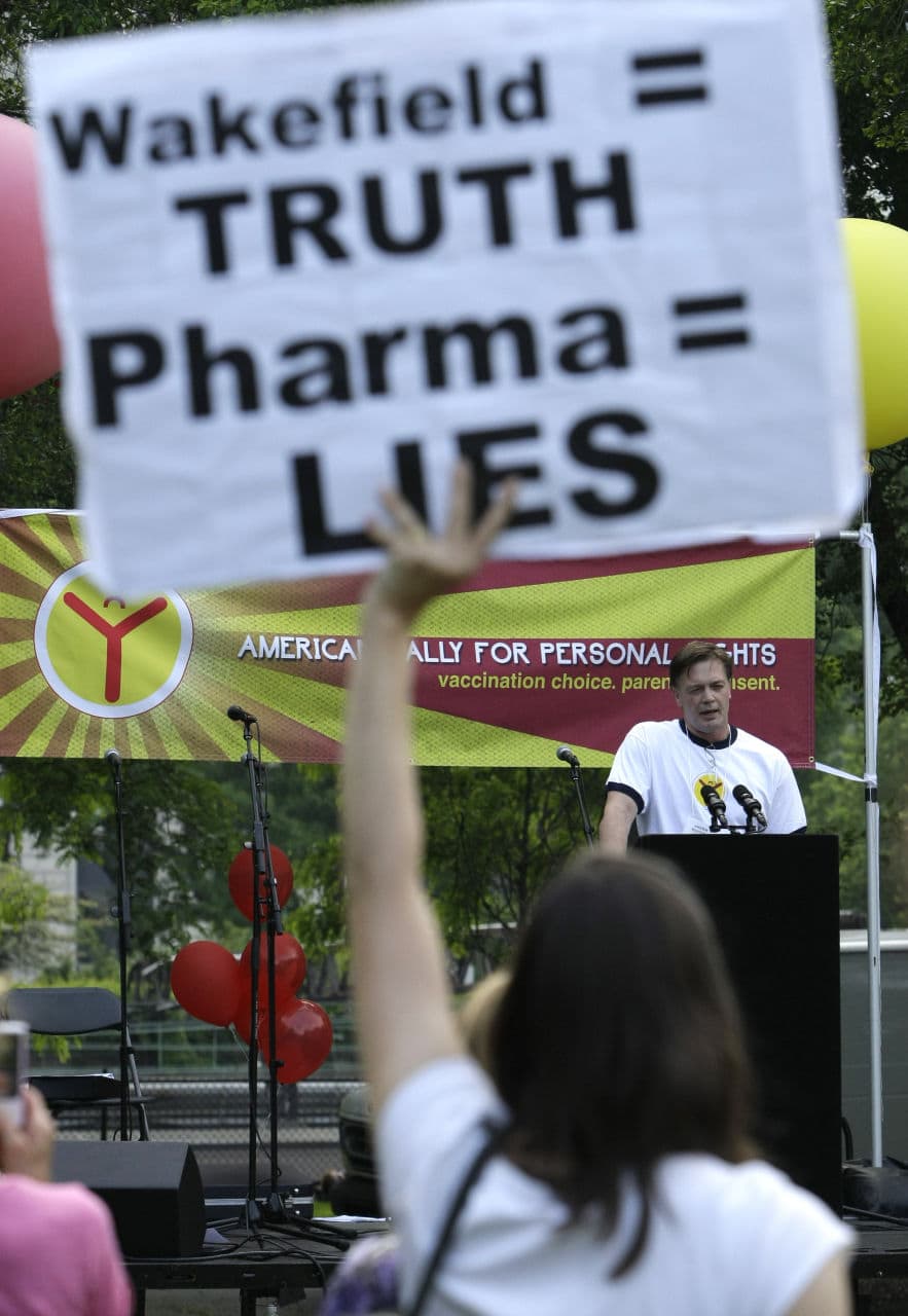 Dr. Andrew Wakefield addresses a gathering hosted by the American Rally For Personal Rights in Chicago's Grant Park. Wednesday, May 26, 2010. Wakefield's 1998 research linking autism and the vaccine for measles, mumps and rubella influenced millions of parents to refuse the shot for their children. (Charles Rex Arbogast/AP)