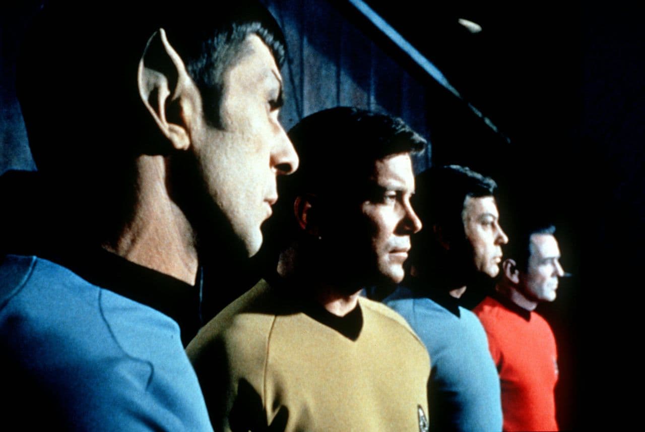 Actors in the TV series "Star Trek," from left, Leonard Nemoy as Mr. Spock, William Shatner as Captain Kirk, DeForest Kelley as Doctor McCoy and James Doohan as Commander Scott. (AP/HO)