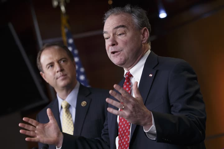 Sen. Tim Kaine, D-Va., right, and Rep. Adam Schiff, D-Calif., reflect on President Barack Obama's request to Congress to authorize military force against Islamic State fighters. (AP)