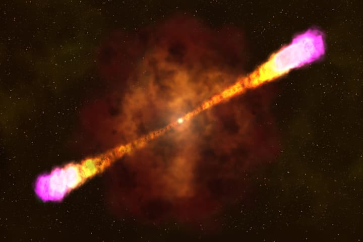 This image provided by NASA's Goddard Space Flight Center shows an artists rendering on how a gamma ray burst occurs with a massive star collapsing and creating a black hole and beaming out focused and deadly light and radiation bursts. Astronomers and space telescopes in April 2013 saw the biggest and brightest cosmic explosion ever witnessed, a large gamma ray burst. (AP)