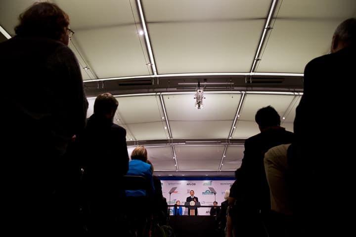 A crowd and Sen. Elizabeth Warren, D-Mass. listen as President Barack Obama speaks at AARP in Washington, Monday, Feb. 23, 2015. President Barack Obama says too few Americans approaching retirement have saved enough to have peace of mind during their later years. (AP)