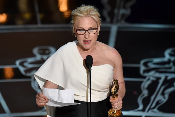 Patricia Arquette accepts the award for best actress in a supporting role for “Boyhood” at the Oscars on Sunday, Feb. 22, 2015, at the Dolby Theatre in Los Angeles. (AP)