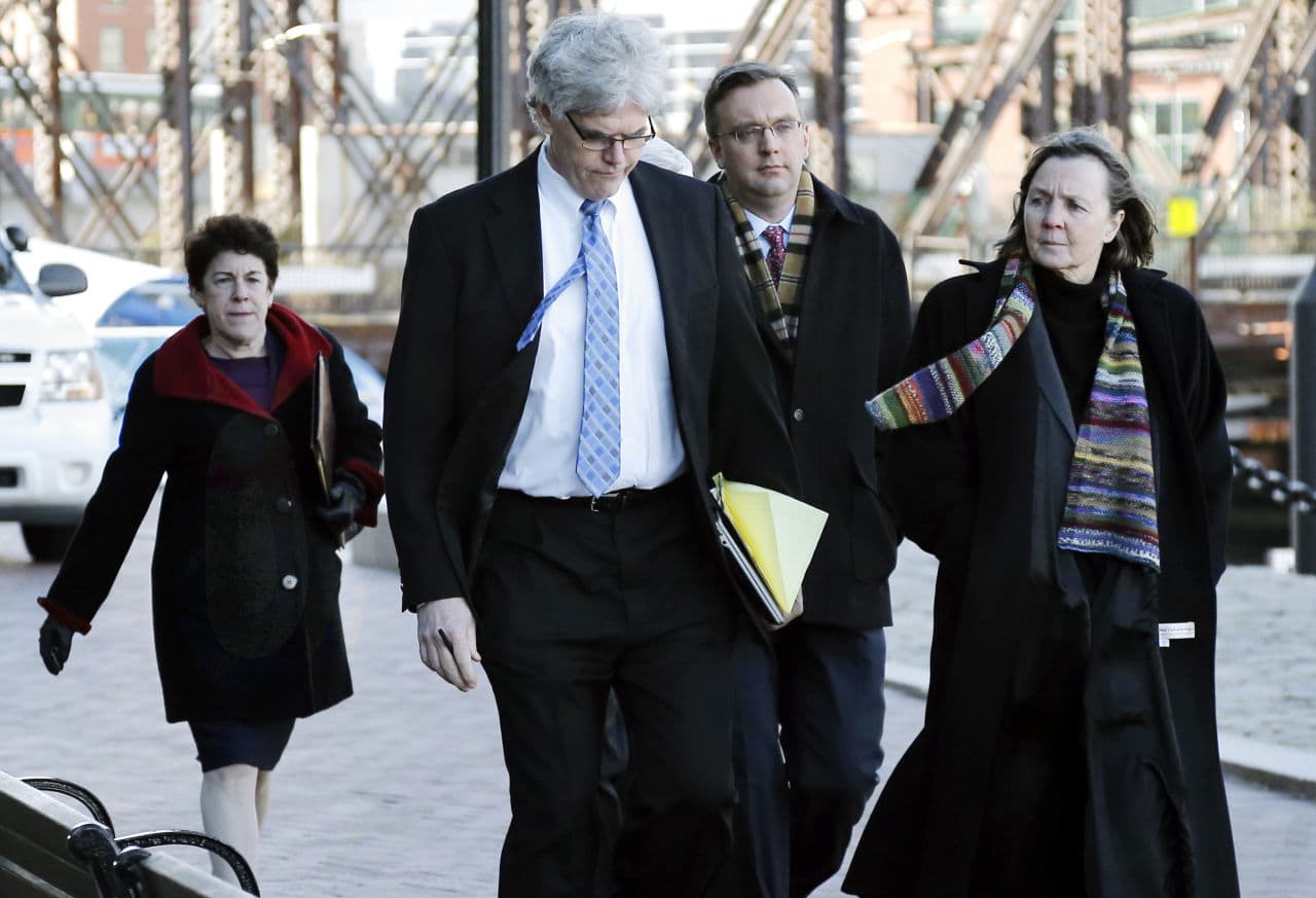 In this Jan. 5, 2015 file photo, members of Tsarnaev&#039;s defense, including Miriam Conrad, far left, Timothy Watkins, second from left, William Fick, second from right, and Judy Clarke, far right, return to the courthouse in Boston on the first day of jury selection in the trial. (Elise Amendola/AP)