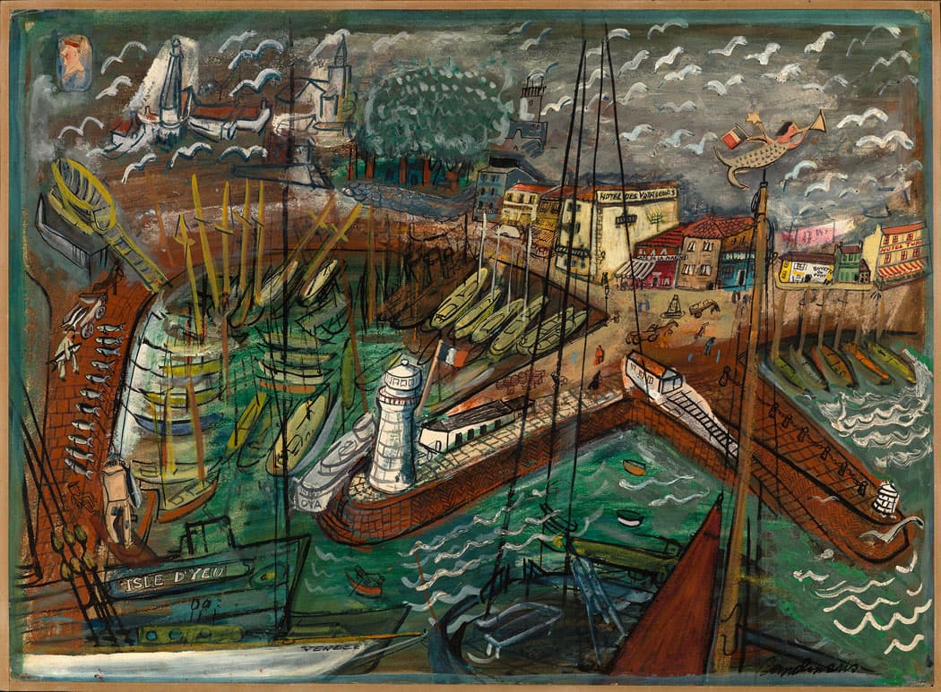 Ile d’Yeu in France as Bemelmans rendered it in gouache and collage in 1934. While in a hospital there four years later, ideas for the first “Madeline” book crystallized. (From the Eric Carle Museum exhibition. © Ludwig Bemelmans, LLC)