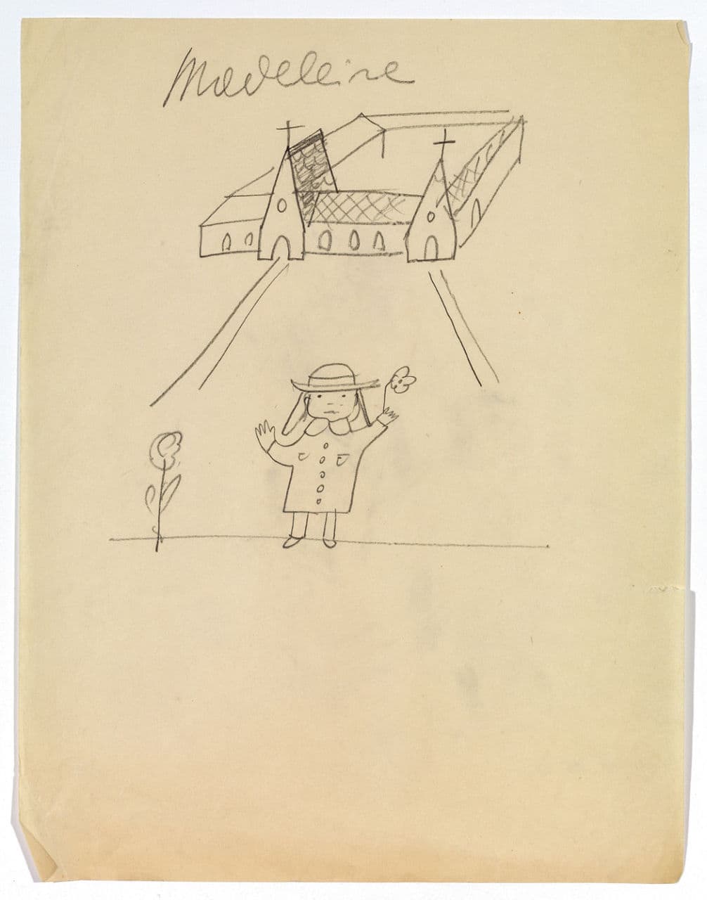 One of the earliest pencil sketches of “Madeleine”—note the original spelling—for Bemelmans’s 1936  book “The Golden Basket.”  (From the Eric Carle Museum exhibition. © Ludwig Bemelmans, LLC)