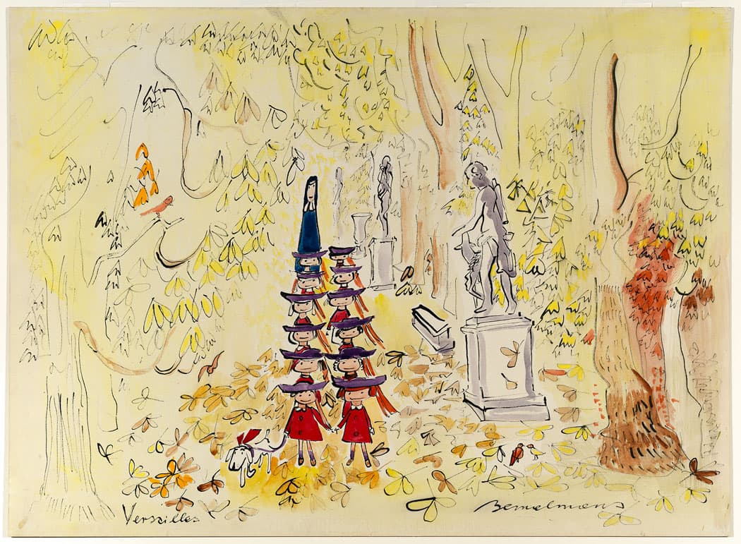 A watercolor and gouache drawing of “Madeline at Versailles” from around 1954. (From the Eric Carle Museum exhibition. © Ludwig Bemelmans, LLC)