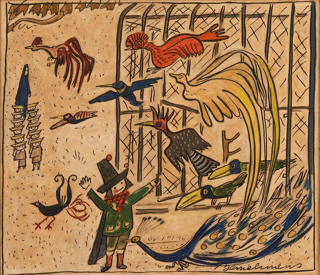 The reformed Spanish ambassador’s son Pepito is a friend to all the animals in the zoo in this gouache from 1956 or ’57 related to “Madeline and the Bad Hat.” (From the Eric Carle Museum exhibition. © Ludwig Bemelmans, LLC)