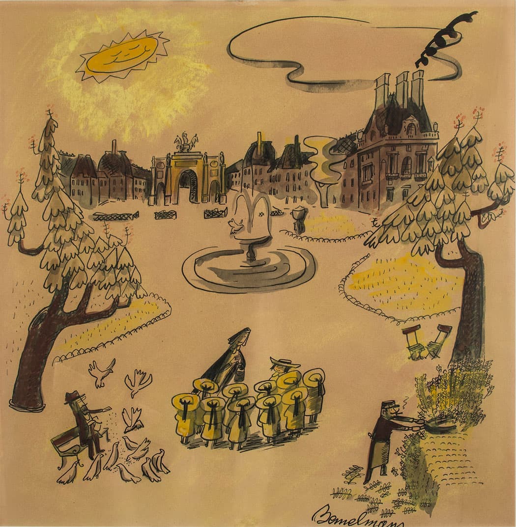 The girls visit the Tuileries Gardens near the Louvre in Paris in this 1939 crayon and watercolor drawing for “Madeline.” (From the Eric Carle Museum exhibition. © Ludwig Bemelmans, LLC)