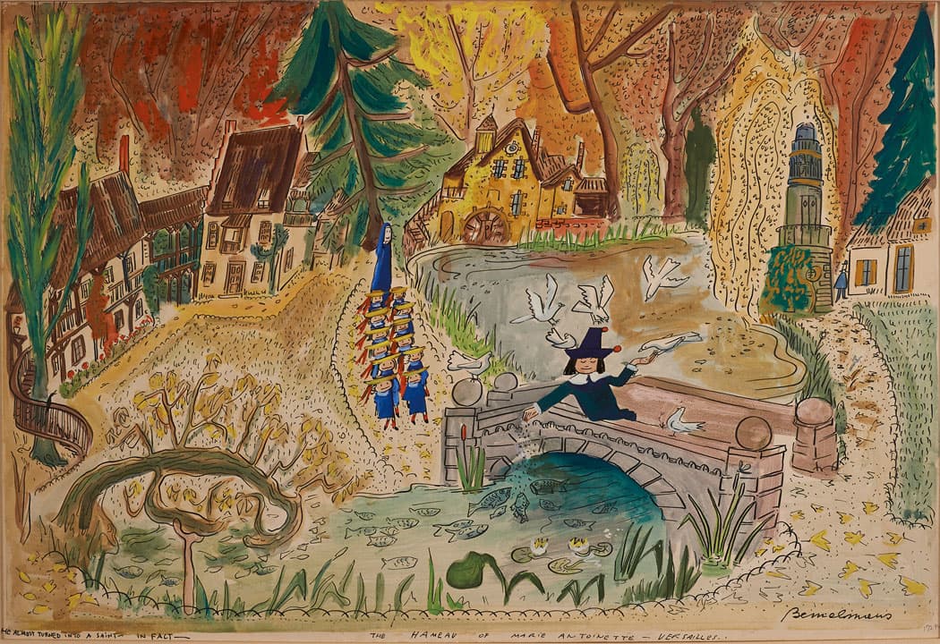The Spanish ambassador’s son Pepito abandons his bad ways and finds his “love of the animals” in this gouache from 1956 or ’57 related to “Madeline and the Bad Hat.” (From the Eric Carle Museum exhibition. © Ludwig Bemelmans, LLC)