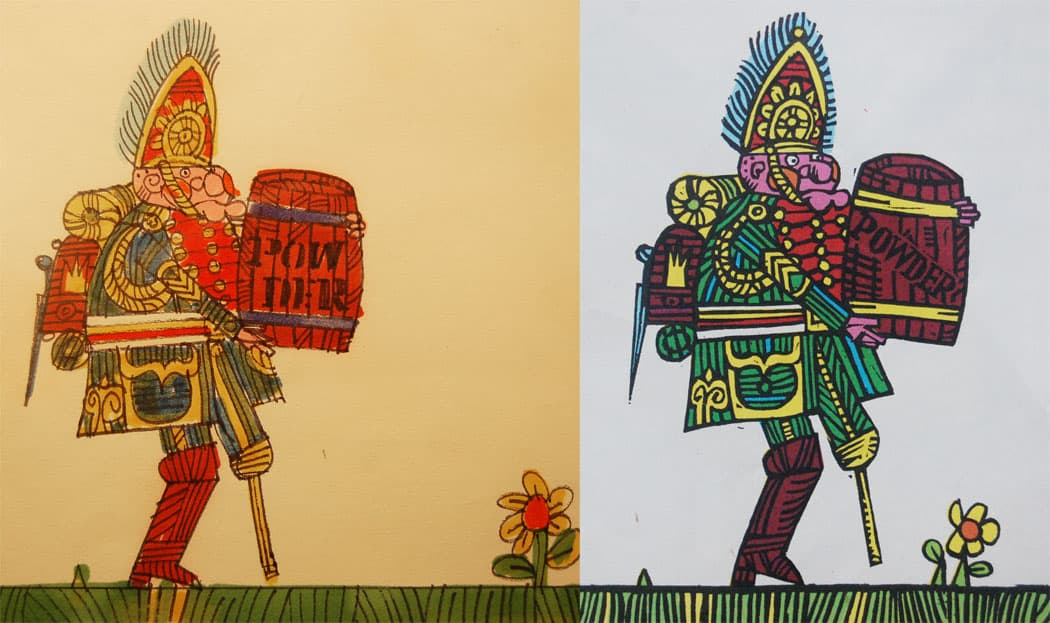 Emberley’s sketch (left) of Sergeant Chowder for his 1968 Caldecott Medal-winning “Drummer Hoff,” and how the character appeared (at right) in the final woodcut book. (Ed Emberley)