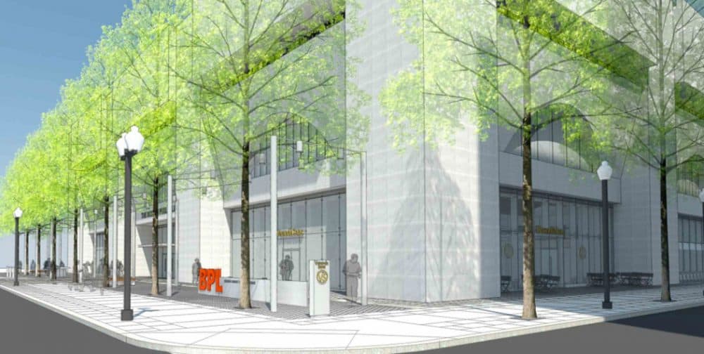 New street trees are planned for the Boylston and Exeter corner of the Johnson Building as shown in this architect’s rendering of the renovation. (Boston Public Library)
