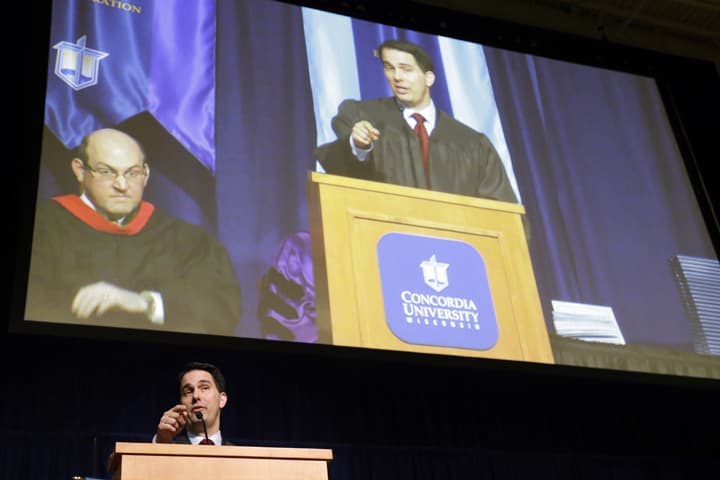 In this file photo, Wisconsin Gov. Scott Walker gives a commencement speech at Concordia University of Wisconsin Friday, May 16, 2014, in Mequon, Wis. (AP)