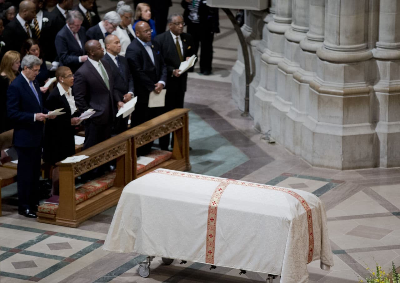 The coffin containing the remains of the late Massachusetts Sen. Edward William Brooke III, rests inside the Washington National Cathedral during Tuesday's funeral services. (Manuel Balce Ceneta/AP)