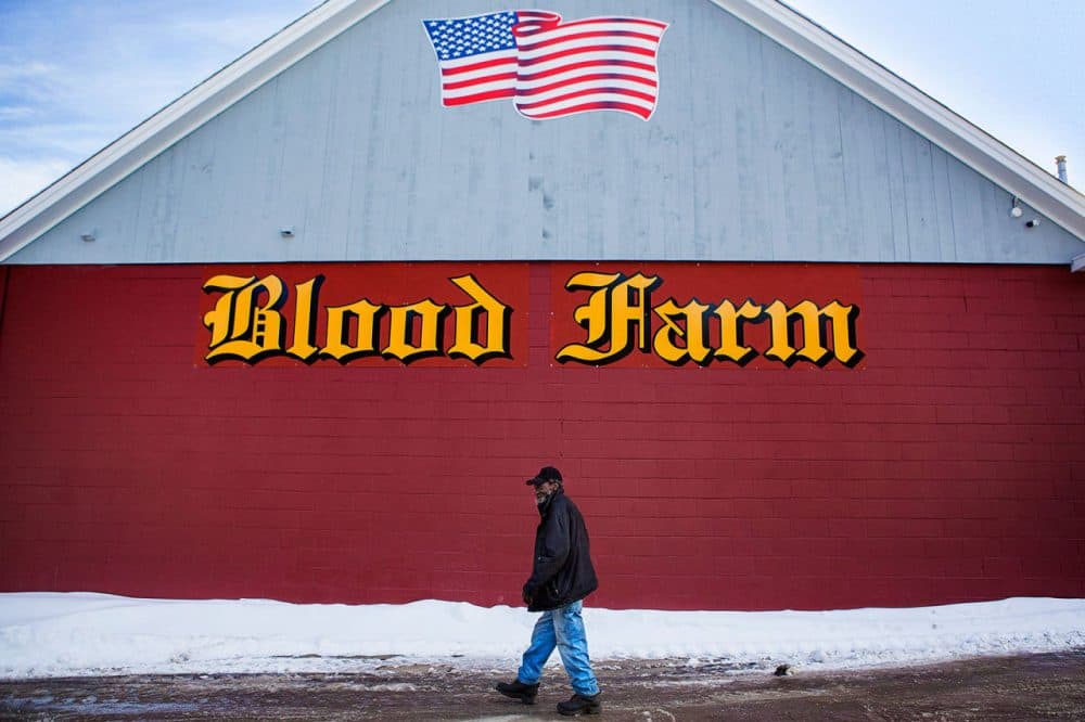 Tom Peyton, Blood Farm's plant manager, walks in front of the newly built processing facility in Groton. A fire in December 2013 destroyed the business that has been staffed by seven generations of Bloods. After the fire, the community of Groton joined with the local meat industry to urge the family to rebuild. (Jesse Costa/WBUR)