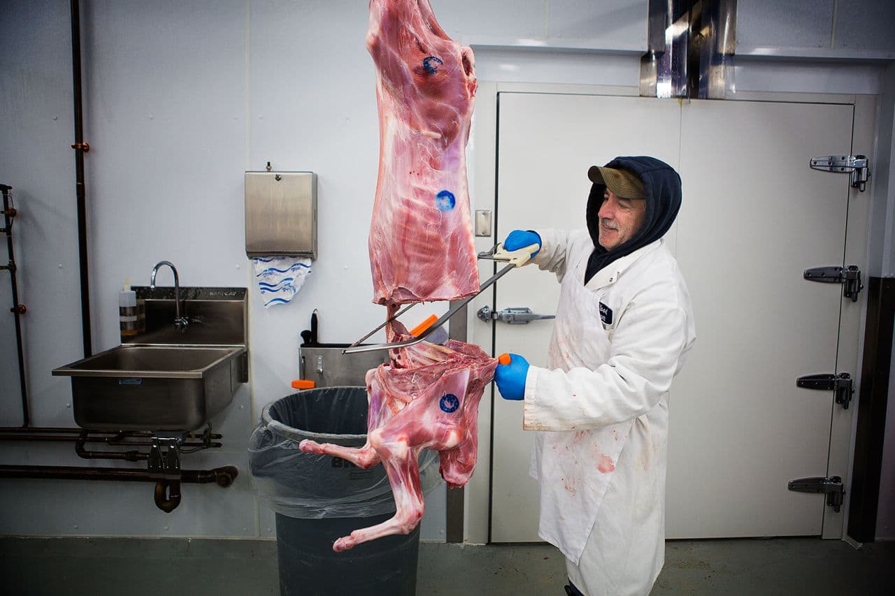 Basili cuts the back part of a veal to process into smaller cuts. Dairy used to be Blood Farm's main product. Now they make most of their money selling meat. (Jesse Costa/WBUR)