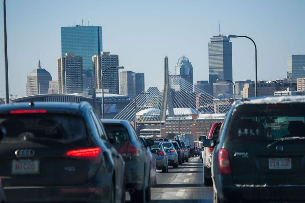 About 45% of carbon emissions in Massachusetts come from transportation, and the biggest component of that is personal vehicles. (Jesse Costa/WBUR)