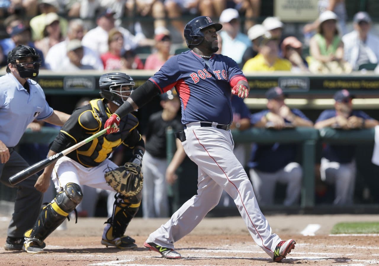 Boston Red Sox designated hitter David Ortiz watches his three-run home run clear the center field wall during the third inning of a spring training exhibition baseball game against the Pittsburgh Pirates in Bradenton, Fla., last week. (Carlos Osorio/AP)