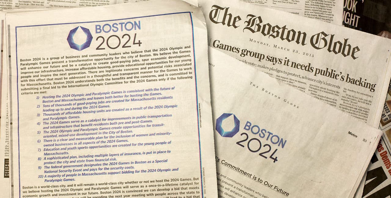 Boston 2024 took out full page ads in the Boston Globe and Boston Herald Monday, vowing to not move forward with the bid unless certain criteria are met, including majority support. (Robin Lubbock/WBUR)