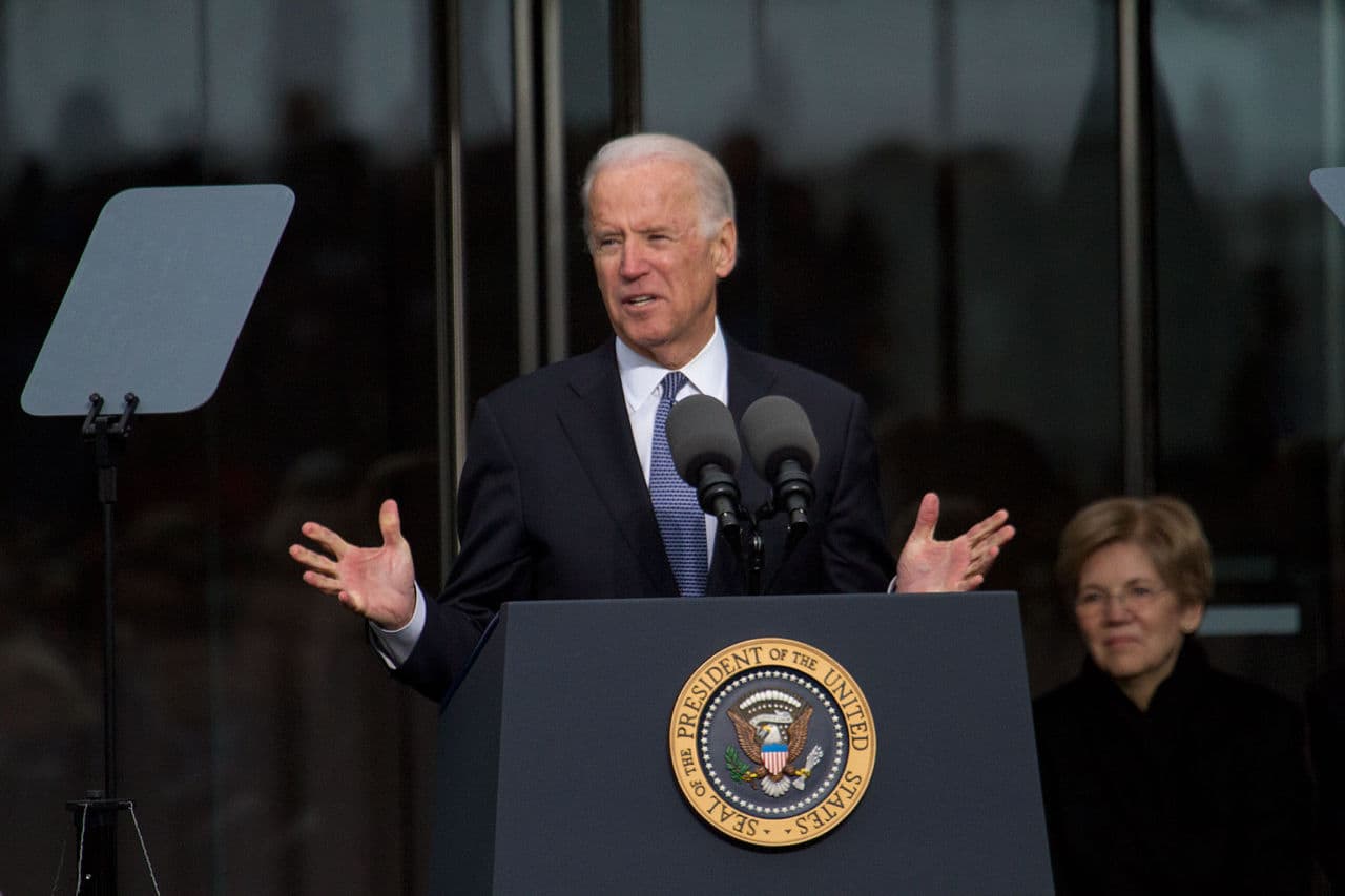 Vice President Joe Biden speaks at the Kennedy institute dedication. (Jesse Costa/WBUR)