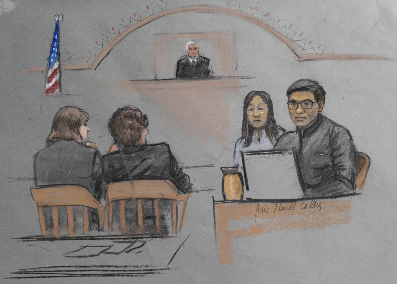 In this courtroom sketch, Dun Meng, far right, testifies with a translator at his side about the night was allegedly carjacked by the Tsarnaev brothers. (Jane Flavell Collins/AP)