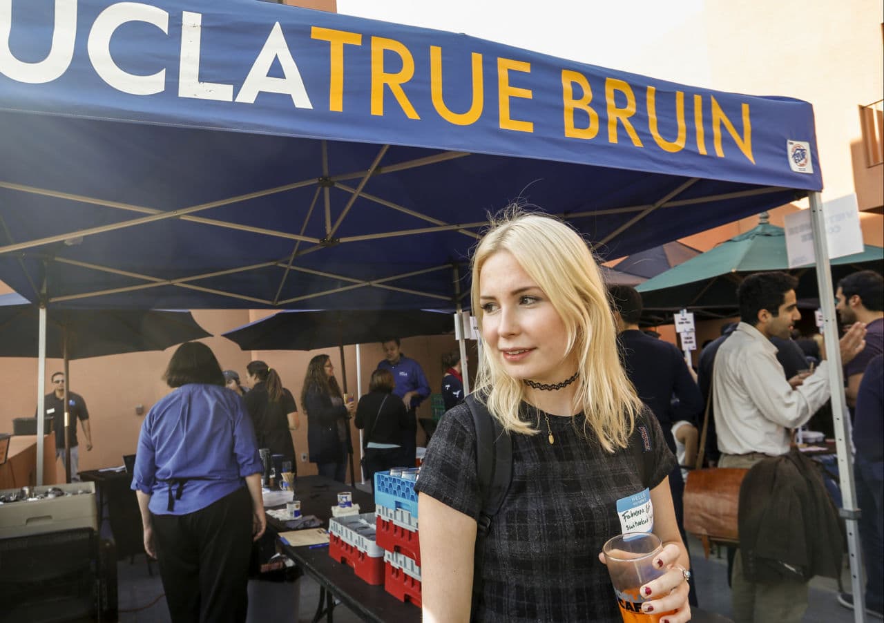 Fabienne Roth, a member of UCLA's Undergraduate Students Association Council, who asked Rachel Beyda, "Given that you are a Jewish student and very active in the Jewish community, how do you see yourself being able to maintain an unbiased view?" (Damian Dovarganes/AP)