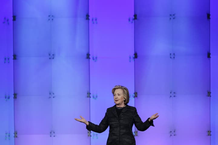 Hillary Rodham Clinton speaks during a keynote address at the Watermark Silicon Valley Conference for Women, Tuesday, Feb. 24, 2015, in Santa Clara, Calif.  (AP)