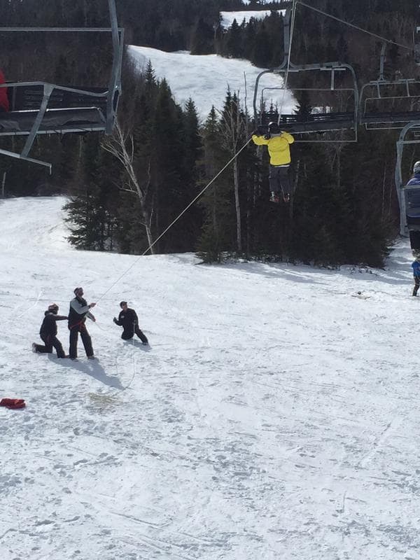 Skiers were been taken from a broken lift Saturday afternoon at Sugarloaf Mountain in Maine. ( Courtesy of Hank Margolis)