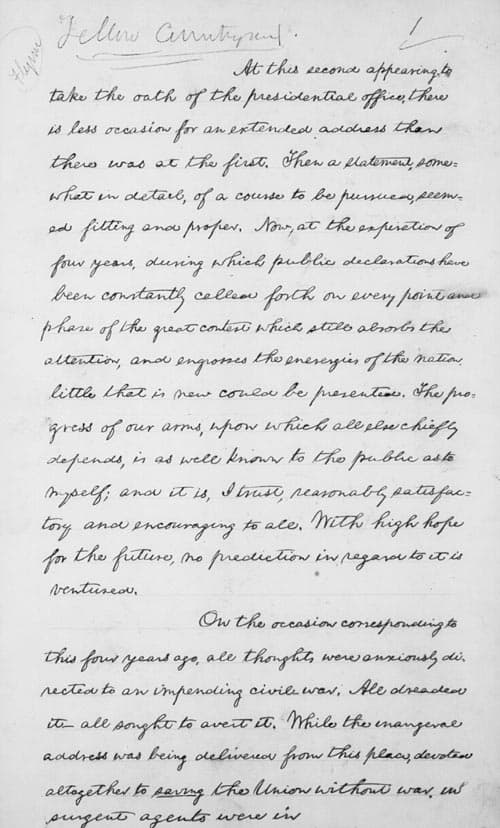 Page one of Lincoln&#039;s second inaugural address (ourdocuments.gov)