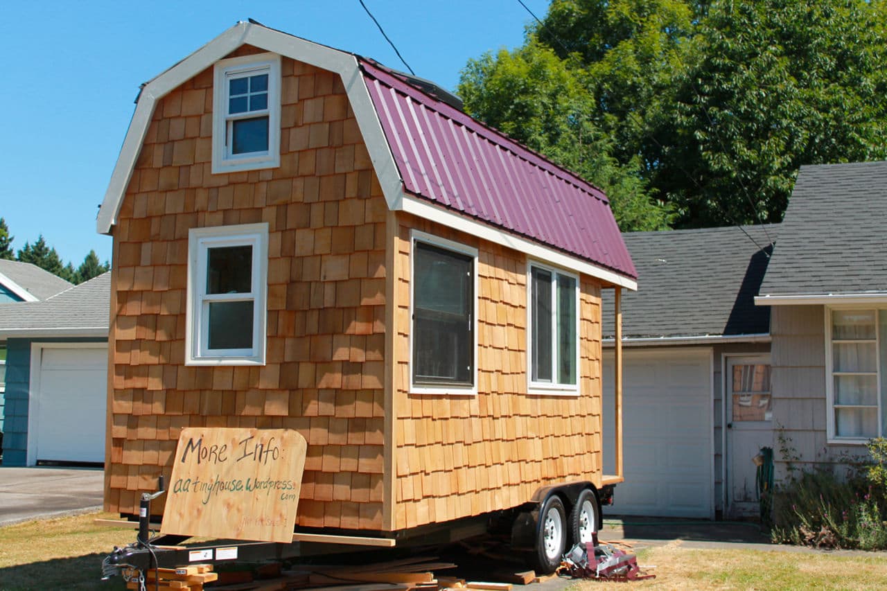 This photo taken July 31, 2012 shows a "tiny" house April Anson built in Portland, Ore. For the past couple of months, 33-year-old Anson and her friends have been planning, measuring, sawing and hammering their way toward completion of what might look like a child’s playhouse. (AP)