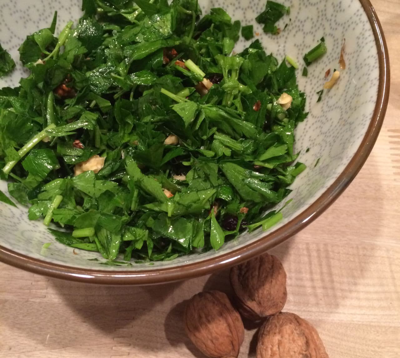 John’s Parsley Salad with Walnuts and Raisins can be served for lunch or dinner (Kathy Gunst)