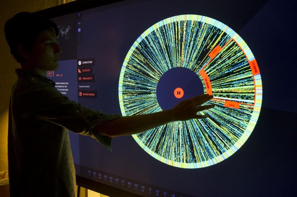 A zombie robot army visualized: A data project from The Office for Creative Research allows researchers to sort through signals from infected computers around the world. The system also represents the data in sound. (The Office for Creative Research)