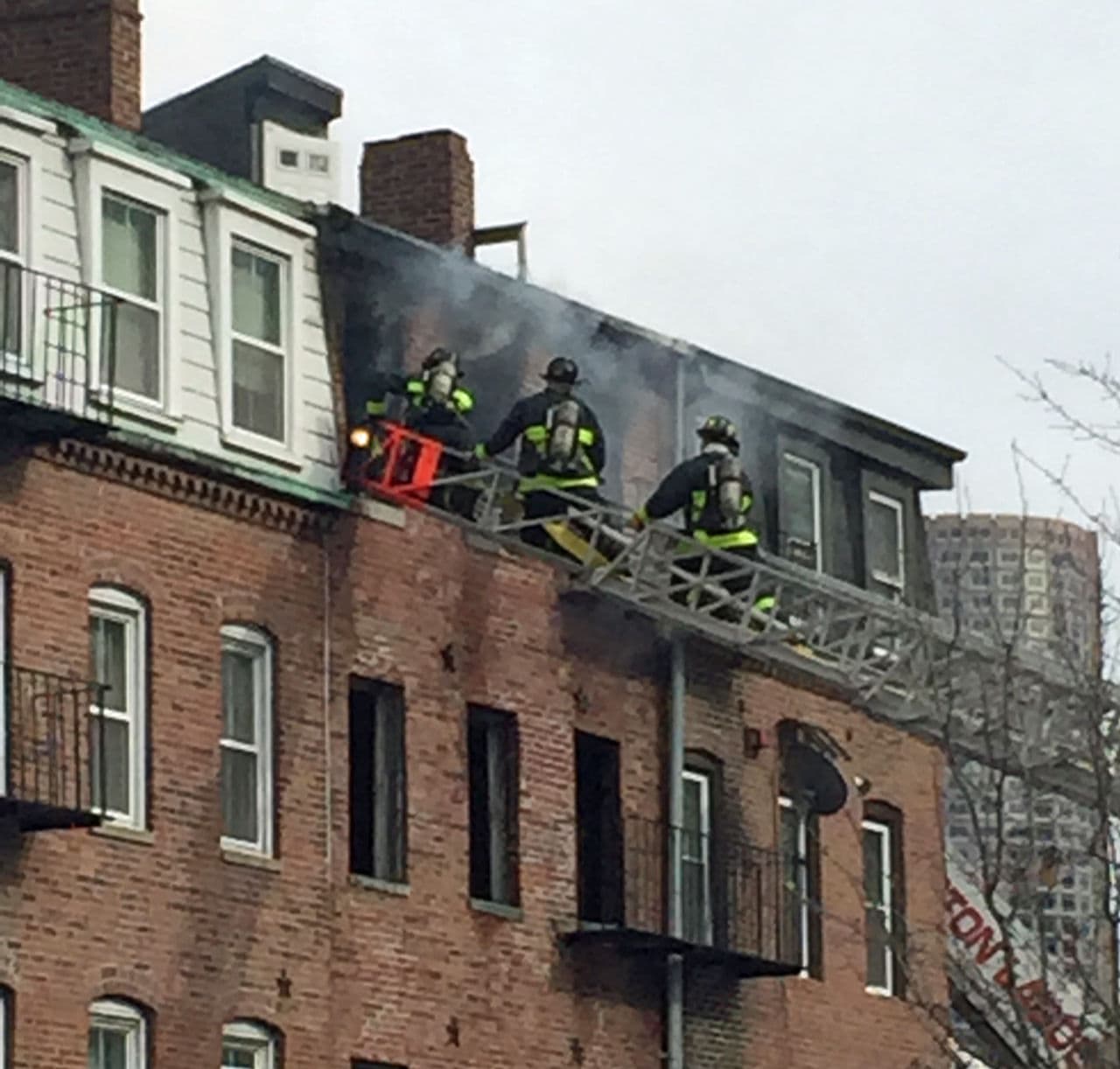 A two-alarm fire caused an estimated $1 million in damage to a vacant apartment building in Boston&#039;s North End Tuesday afternoon. (Courtesy Matt Sloan)