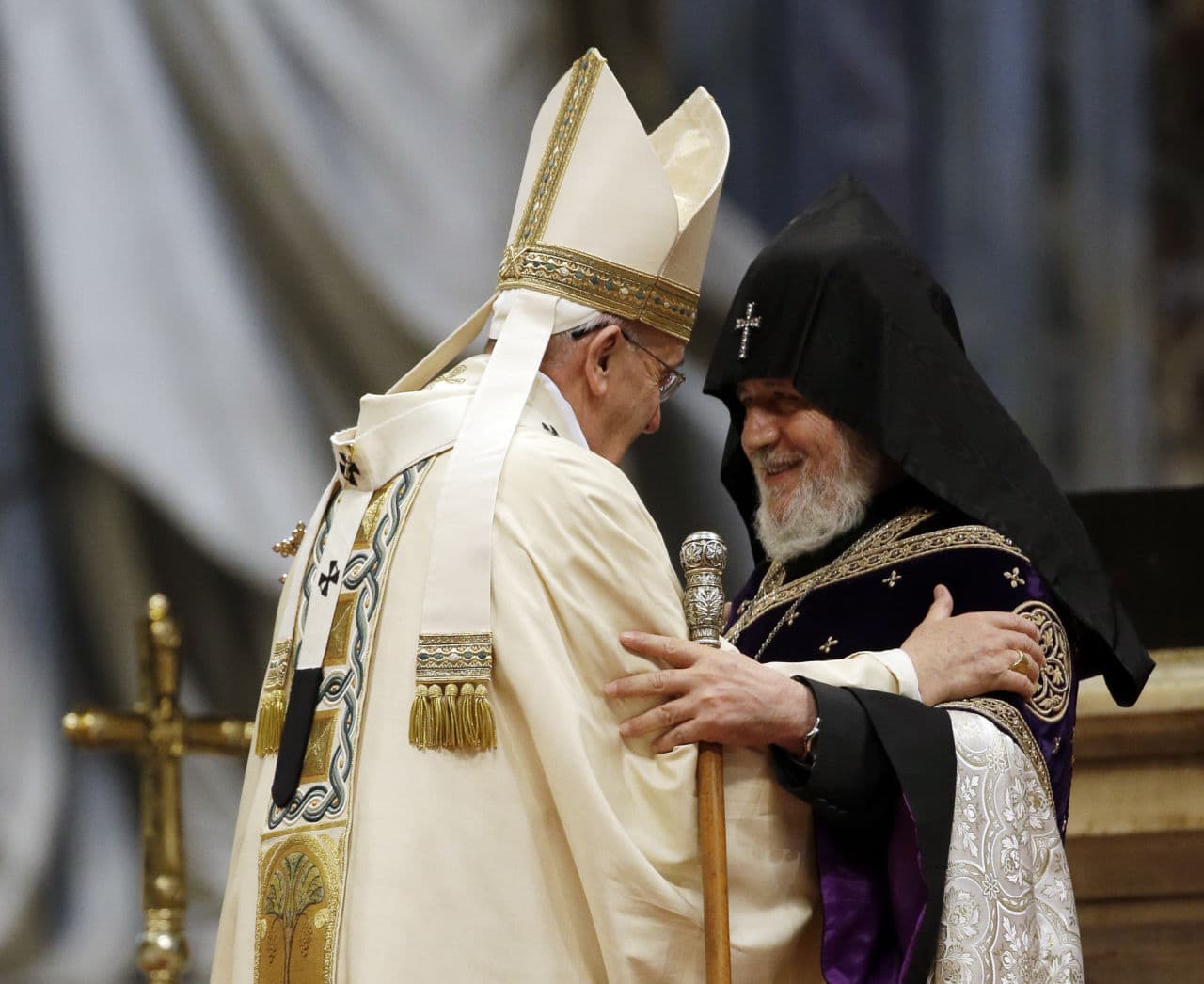 Pope Francis, left, is greeted by the head of Armenia's Orthodox Church Karekin II, during an Armenian-Rite Mass on the occasion of the commemoration of the 100th anniversary of the Armenian Genocide. (Gregorio Borgia/AP)