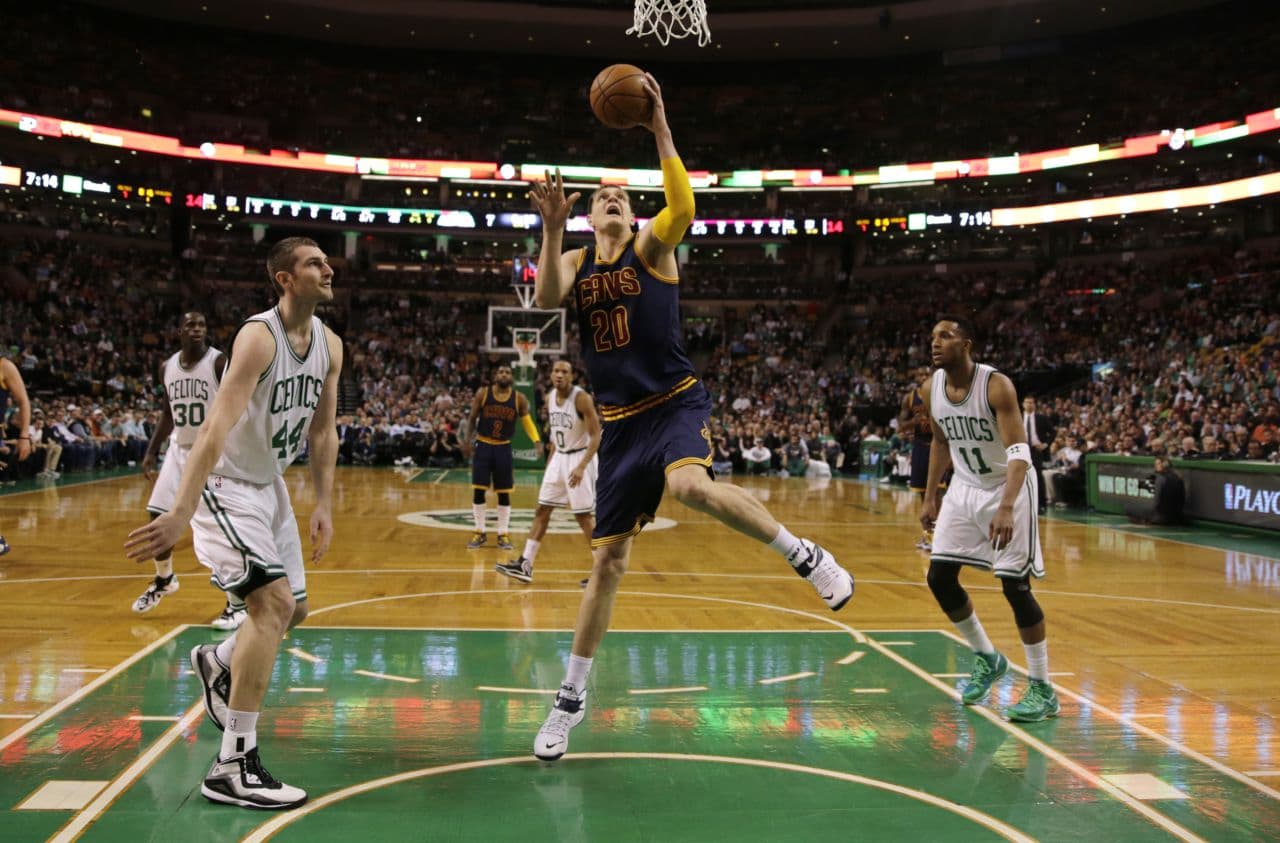 Cleveland Cavaliers center Timofey Mozgov (20) during the first quarter of a first-round NBA playoff basketball game in Boston, Thursday. (Charles Krupa/AP)
