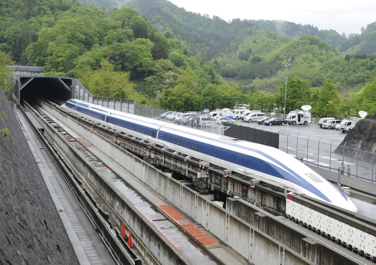 The Maglev (magnetic levitation) train speeds during a test run on the experimental track in Tsuru, 100km west of Tokyo, on May 11, 2010. (Toru Yamanaka/AFP/Getty Images)